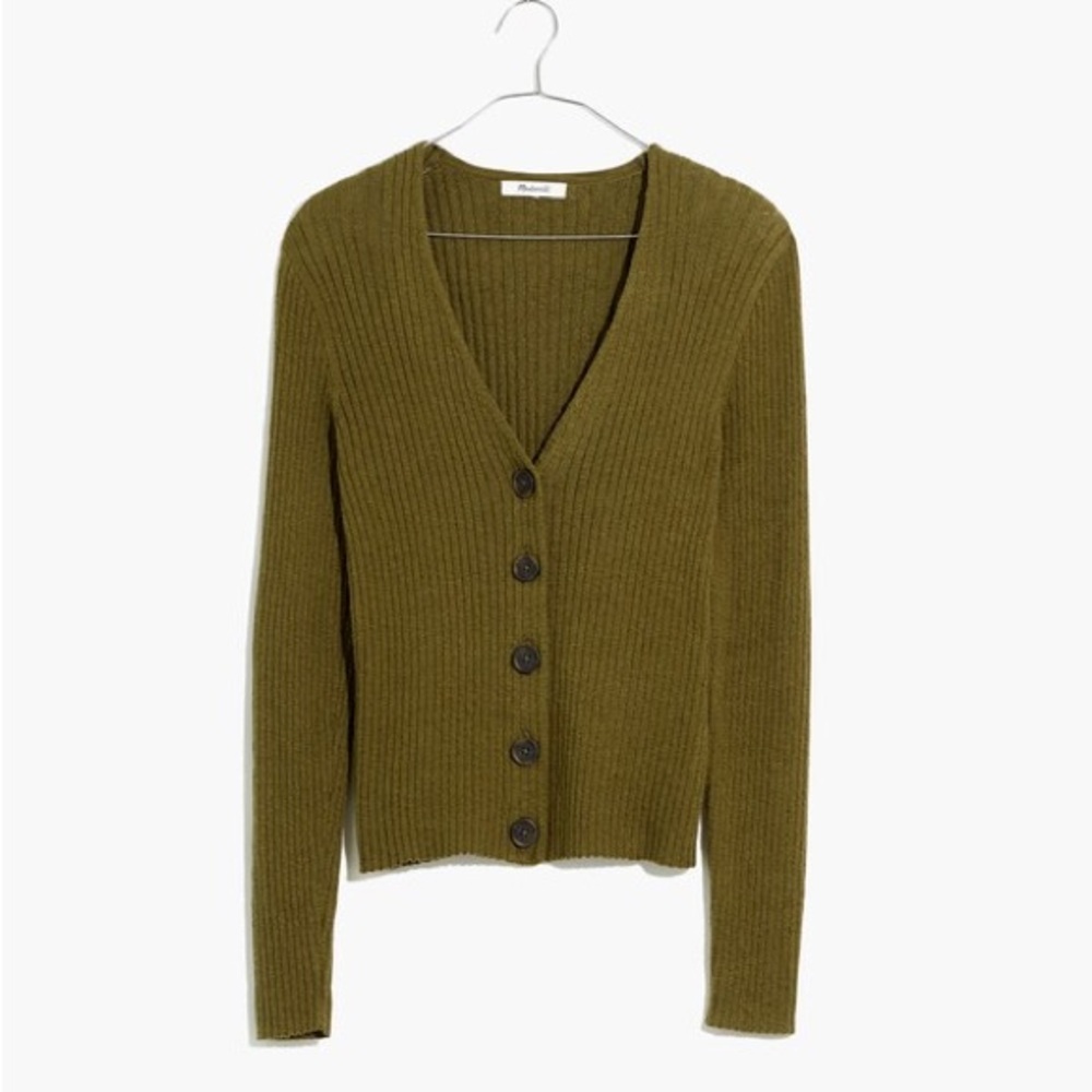 Shrunken Ribbed Cardigan Sweater in Green Moss